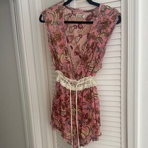 Free People Pink Floral Romper with Lace Detail